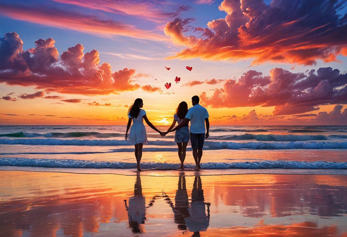 A couple holding hands, walking along a scenic beach at sunset, their footprints trailing behind them. The sun paints the sky with vibrant hues of orange, pink, and purple. There are heart-shaped clouds in the sky, and soft, gentle waves kiss the shore. The overall atmosphere is romantic and serene, capturing the essence of long-term love and connection. super-realistic. vibrant colors.