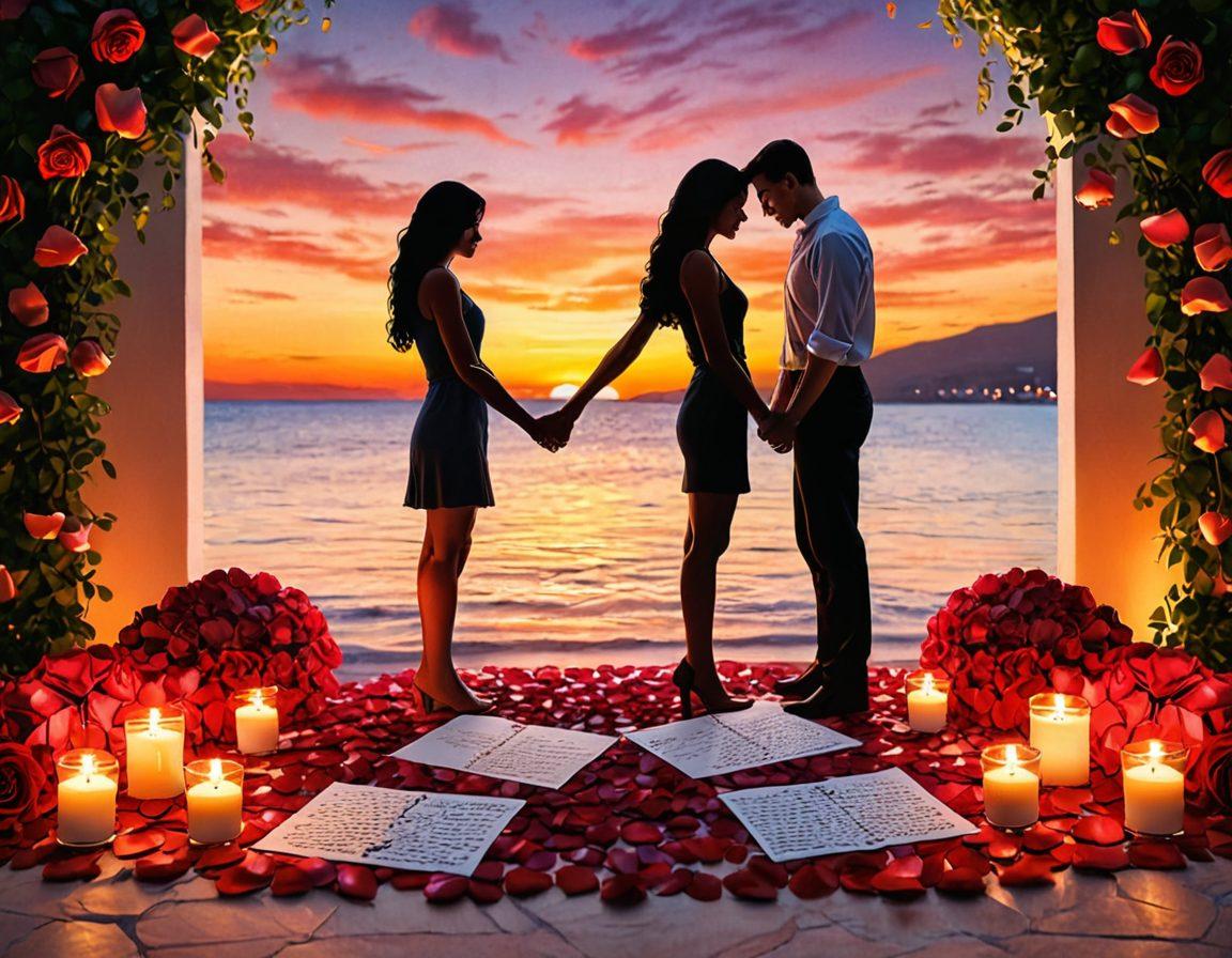 A couple holding hands surrounded by romantic props: love letters, rose petals, soft candlelight, and a picturesque sunset in the background. The couple's faces are glowing with happiness. Emphasize an atmosphere of warmth and affection. Vibrant colors. super-realistic.