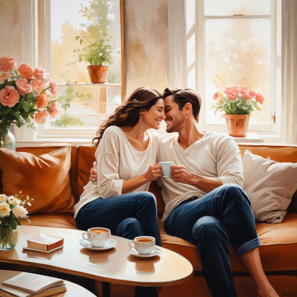 A cozy, softly-lit room with a couple sitting on a comfortable sofa, sharing an affectionate hug and warm smiles. Surround them with small, thoughtful gestures like a surprise note, a steaming cup of coffee, and a vase of fresh flowers. Subtle, heartwarming details like holding hands or gentle touches emphasize the theme of intimacy and trust. painting. warm and inviting colors.